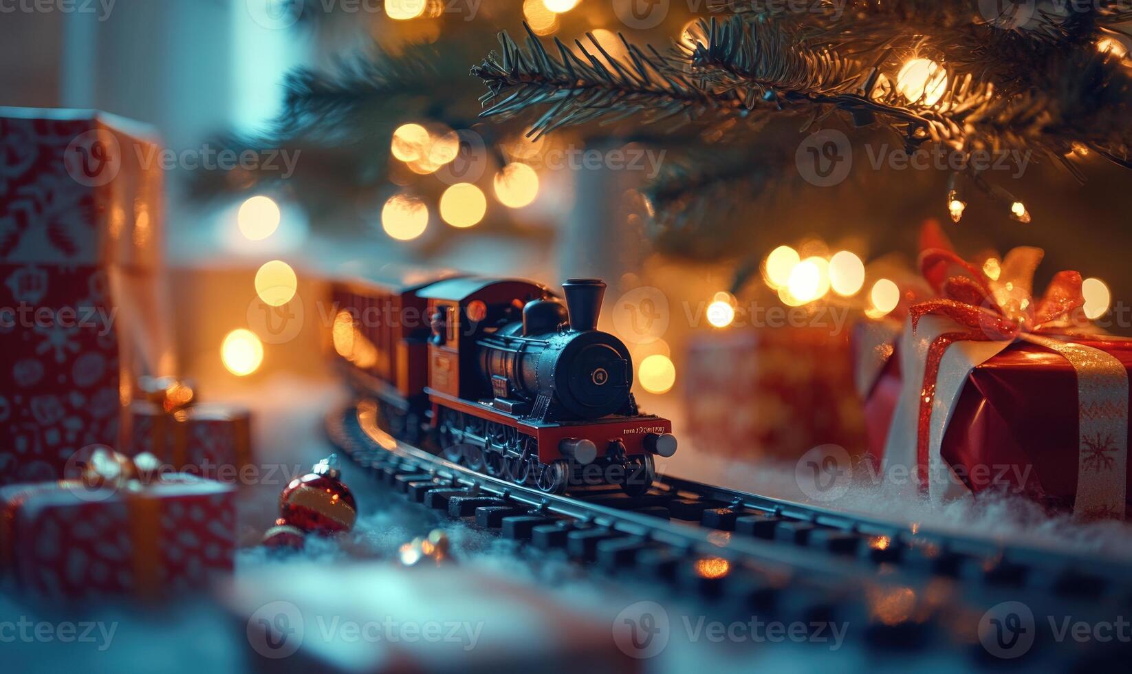 A train is on a track next to a Christmas tree photo