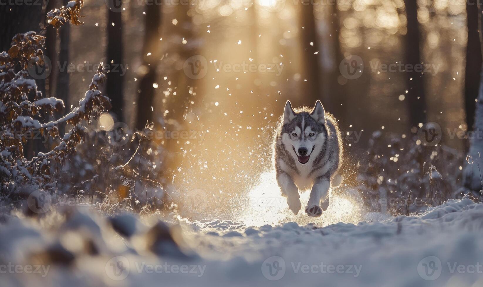 A dog is running through the snow in a forest photo