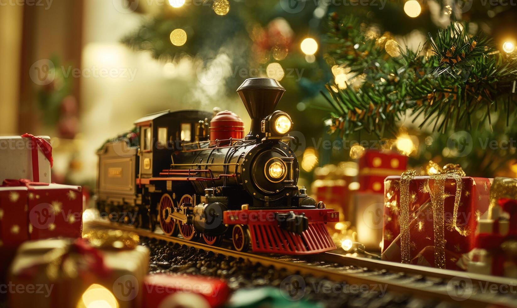 A train is on a track next to a Christmas tree photo