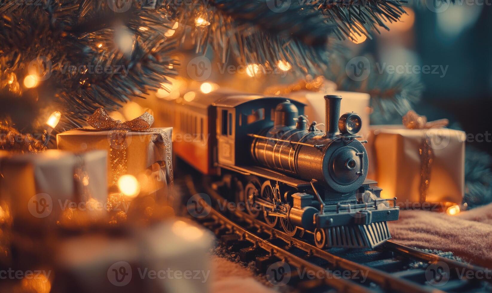 A train is on a track next to a Christmas tree and presents photo