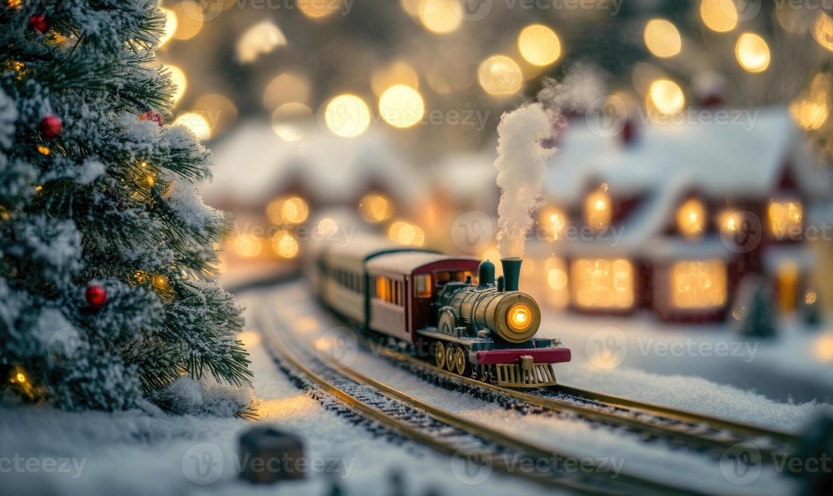 A train is traveling down a snowy track next to a Christmas tree photo