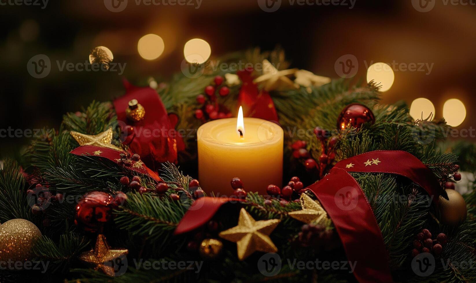 A candle is lit in a wreath of Christmas greenery photo