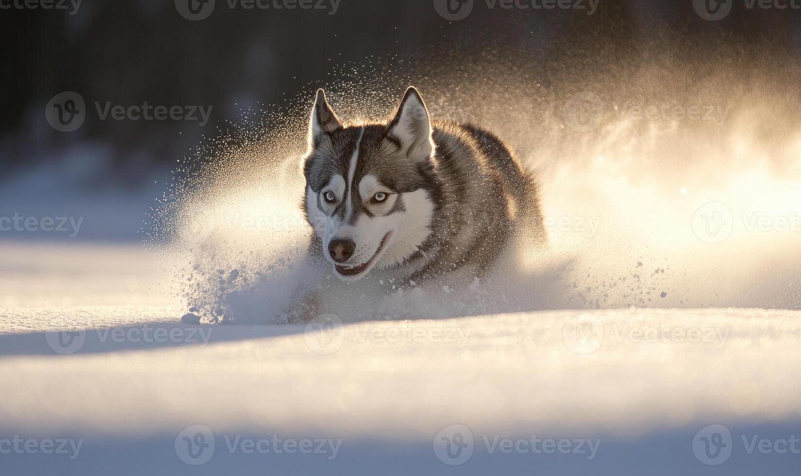 A dog is running through the snow with its tongue out photo