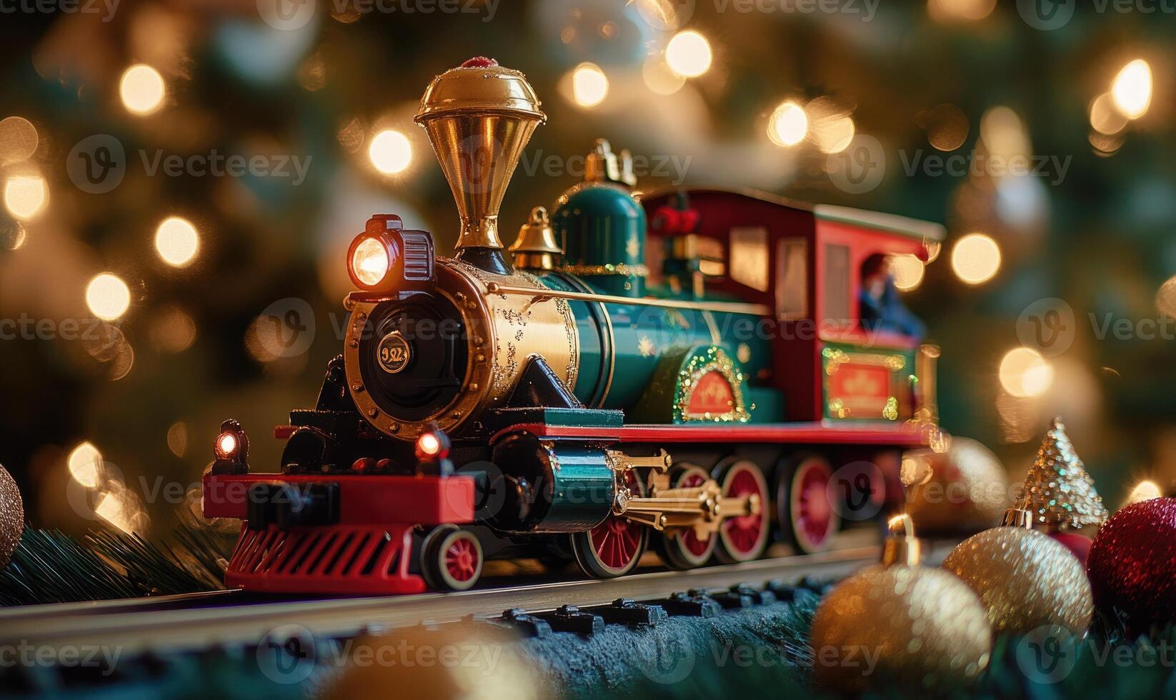 A train with a green and red color is on a track with Christmas decorations photo