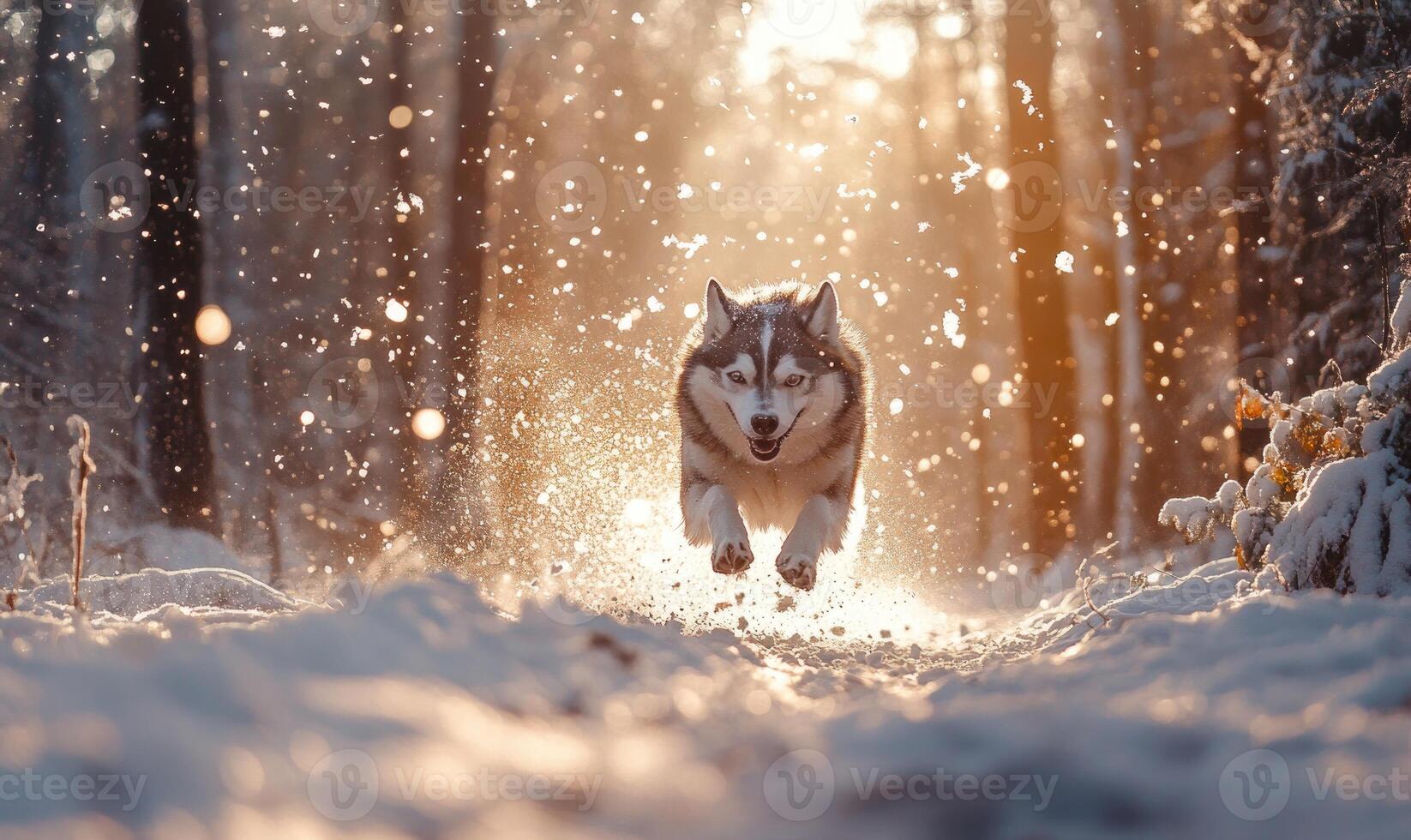 A dog is running through the snow in a forest photo