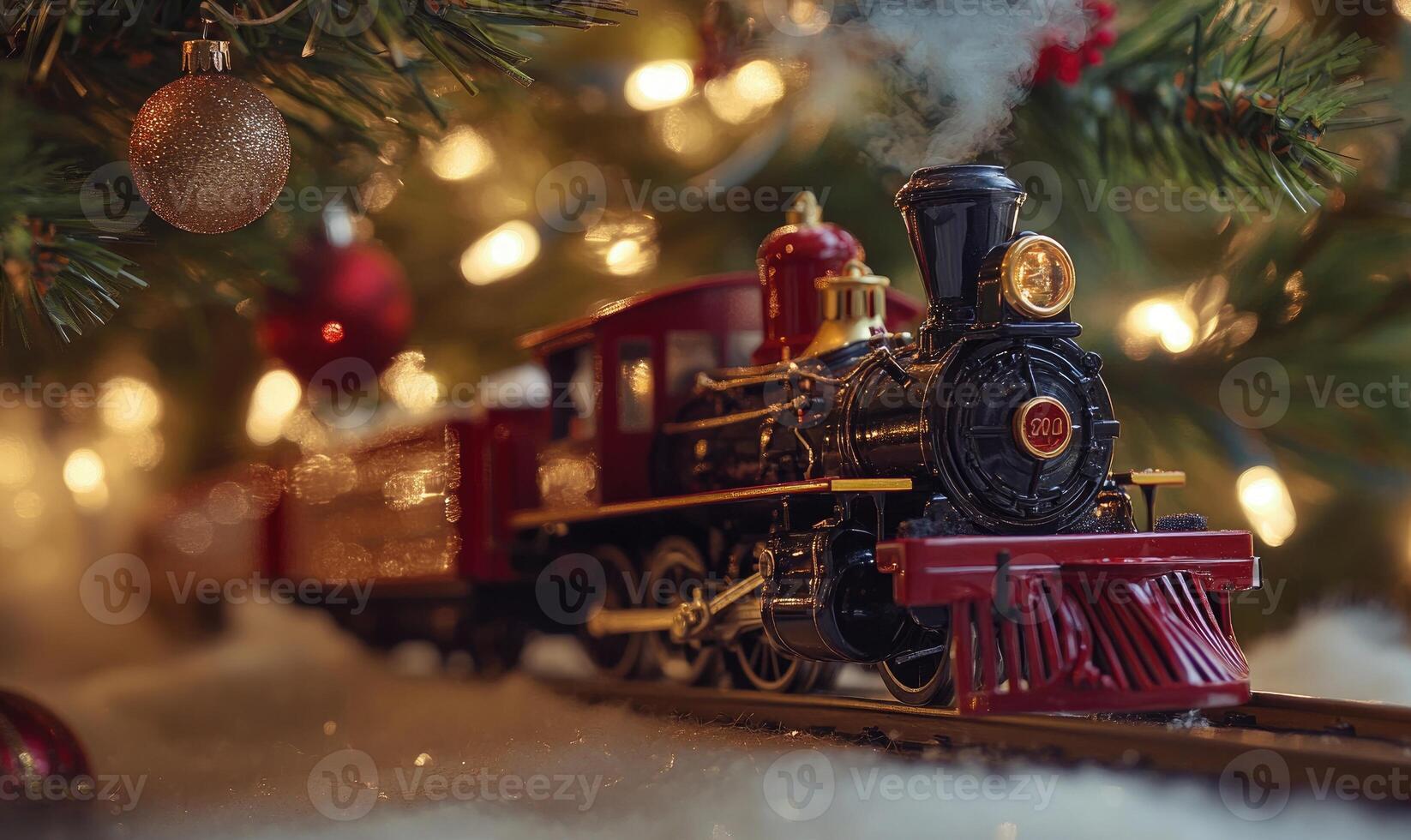 A train is on a track with a red and black engine photo