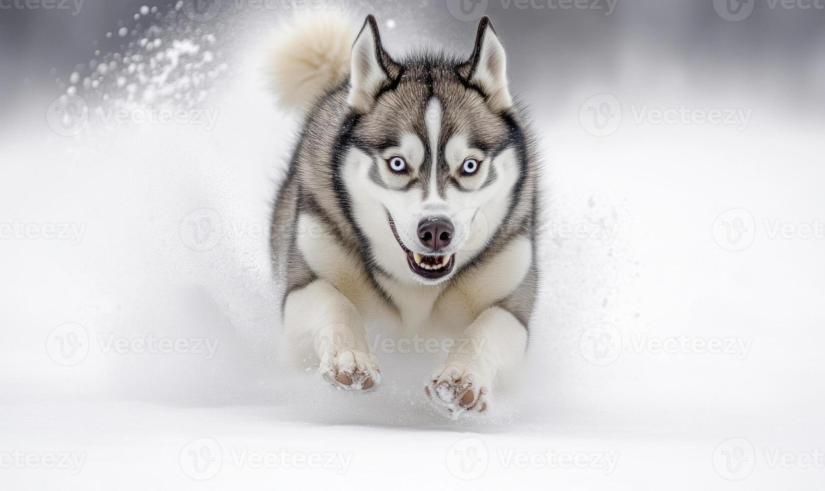 A dog is running through the snow with its tongue out photo