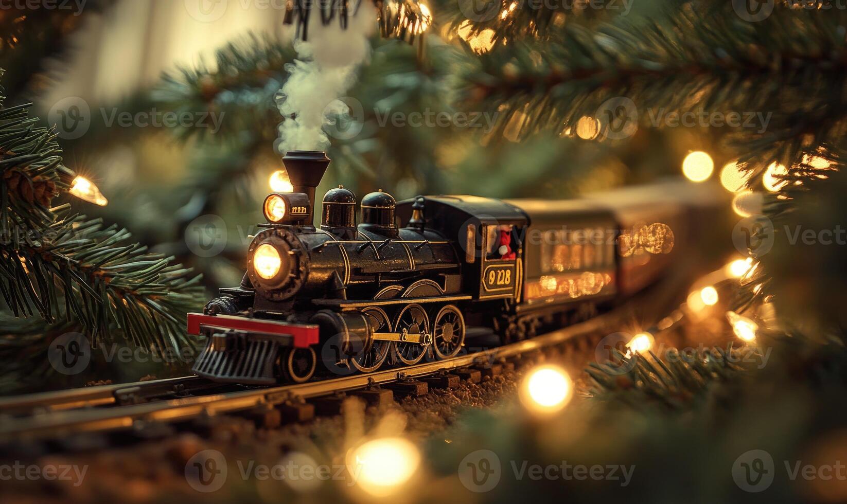 A train is on a track with lights around it photo