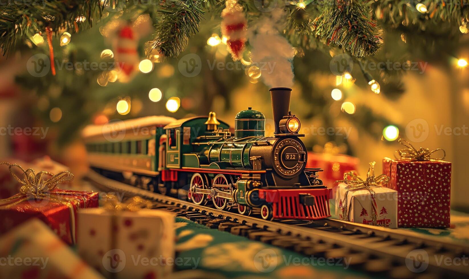 A train is on a track with a bunch of presents underneath it photo