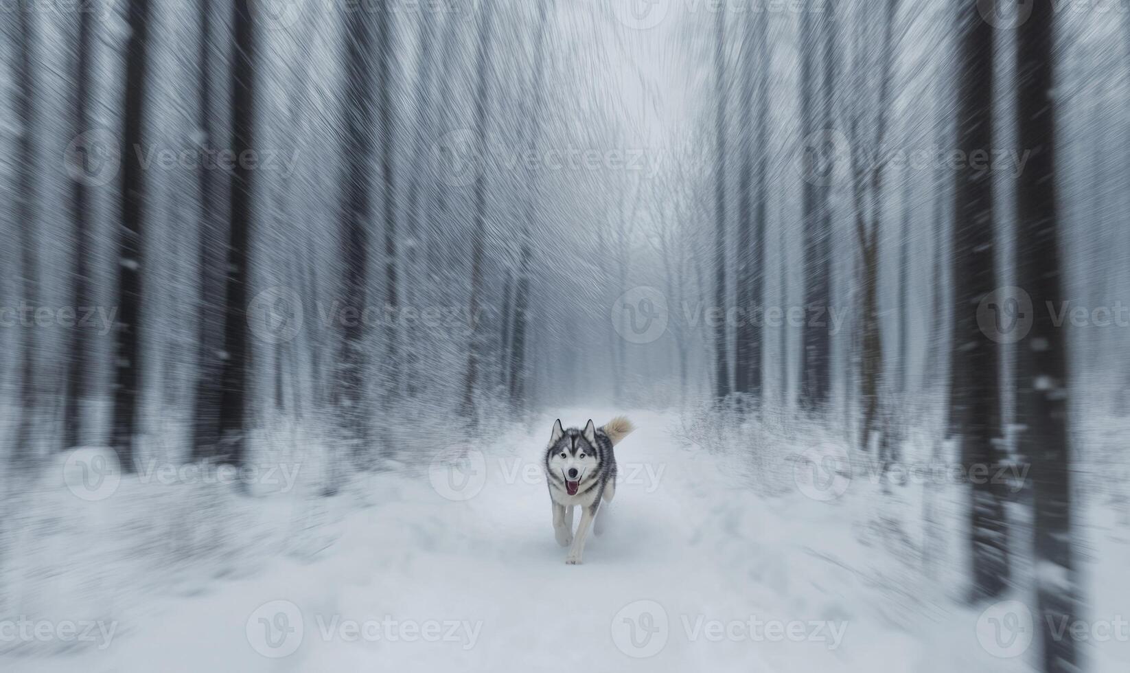A husky dog is walking through a snowy forest photo