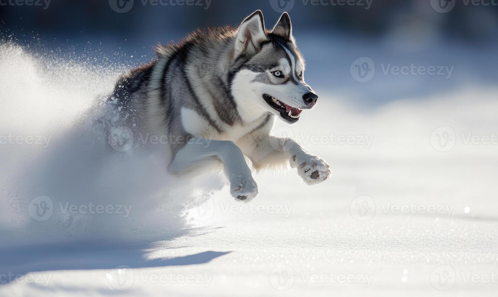 A dog is running through the snow with its paws in the air photo