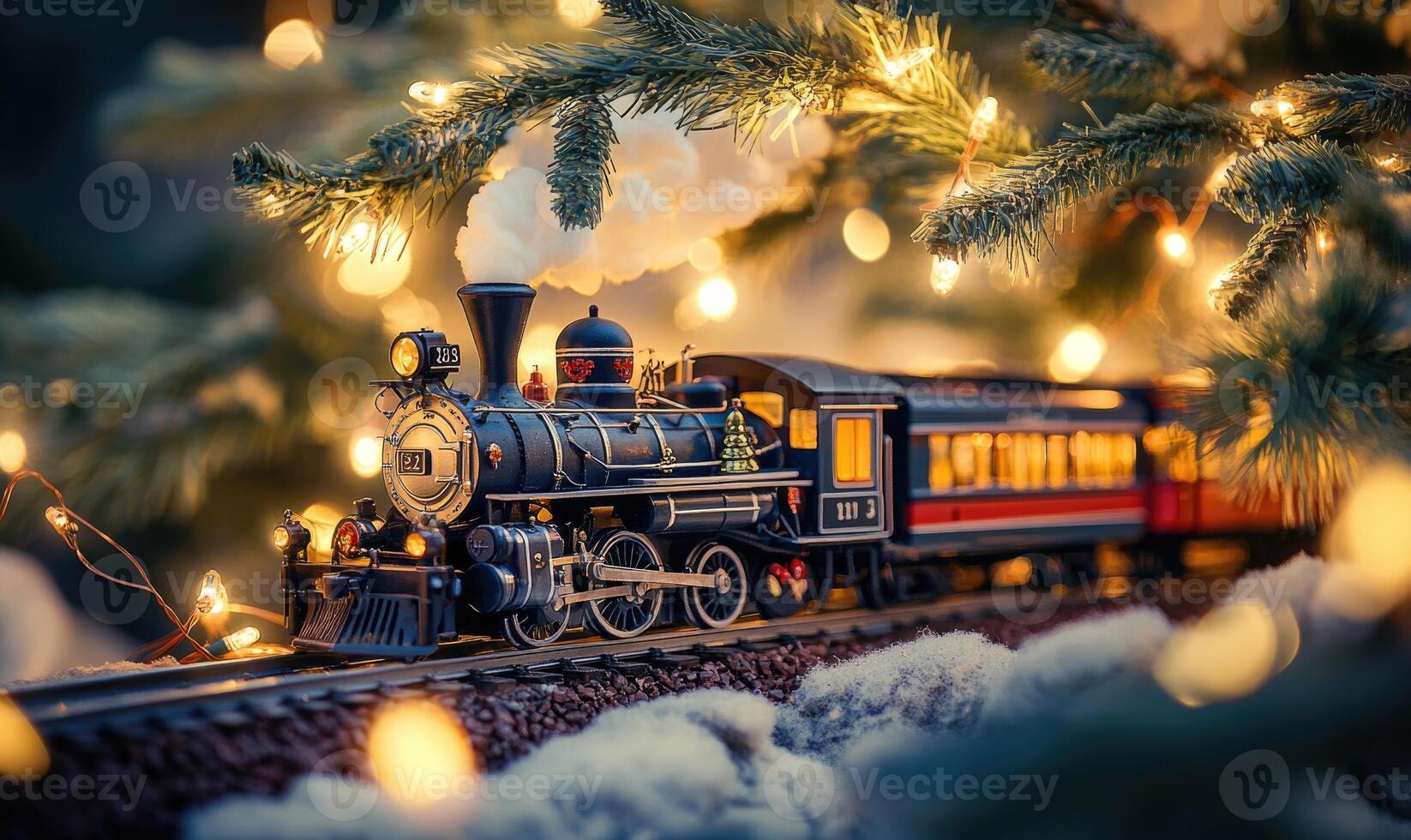 A train is on a track with lights around it photo