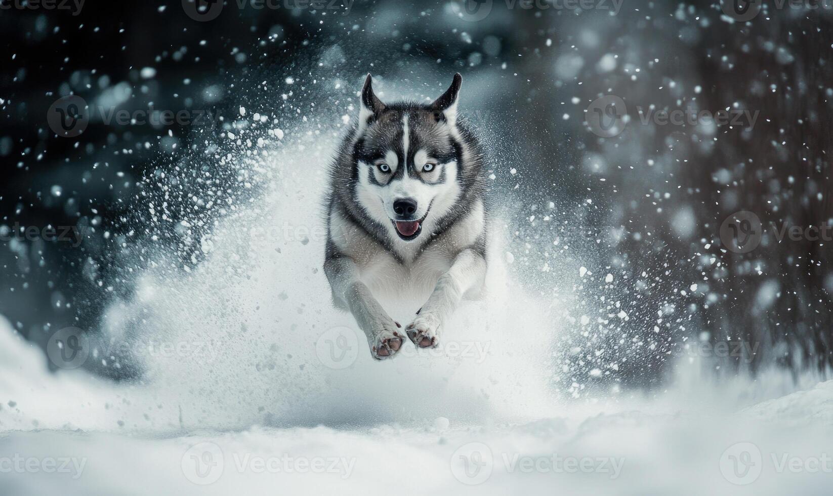 A dog is running through the snow with its paws in the air photo