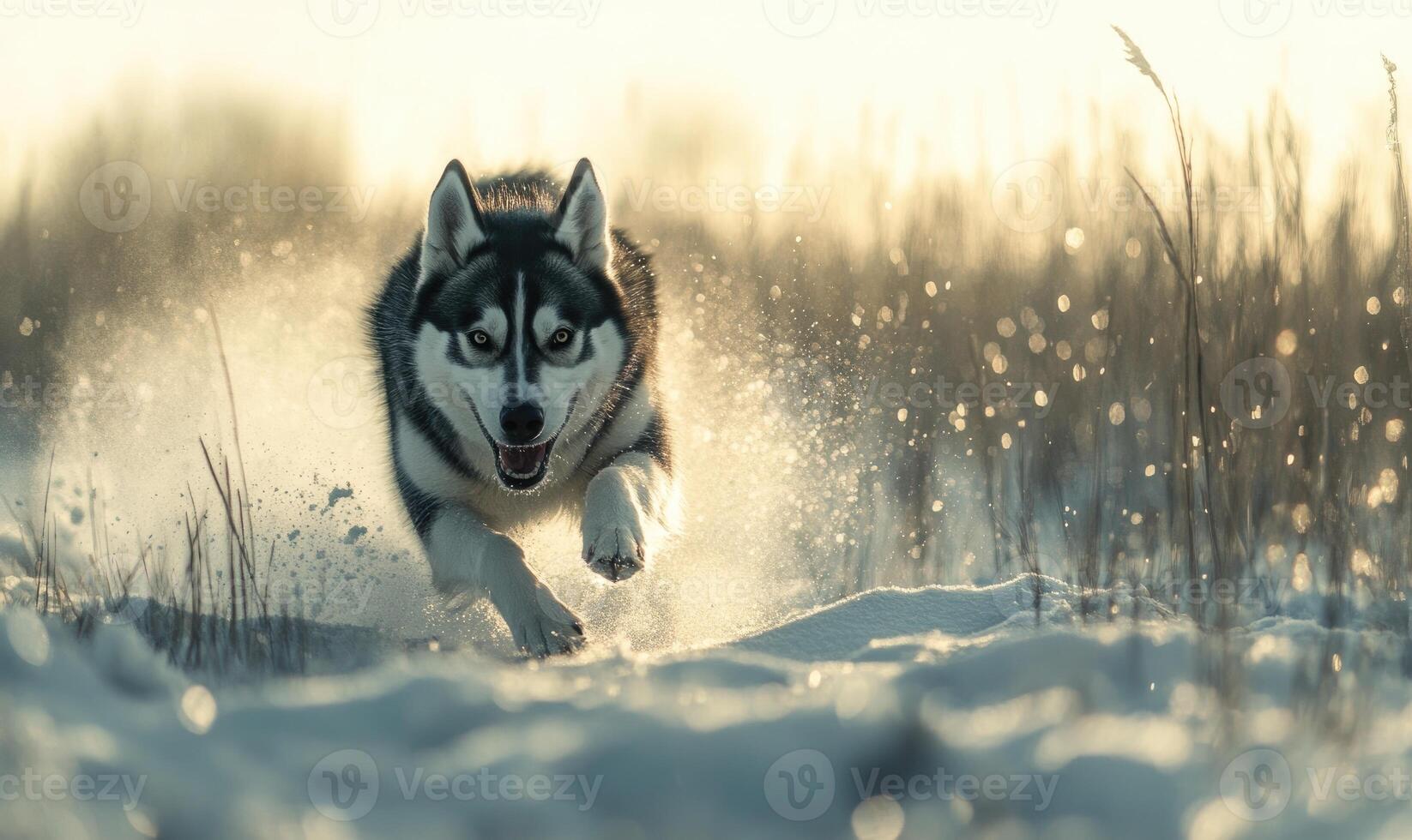 A dog is running through the snow with its tongue out photo