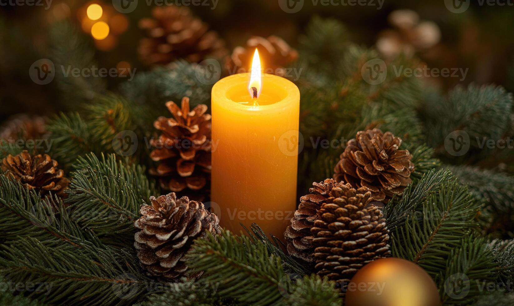A candle is lit in front of pine cones photo