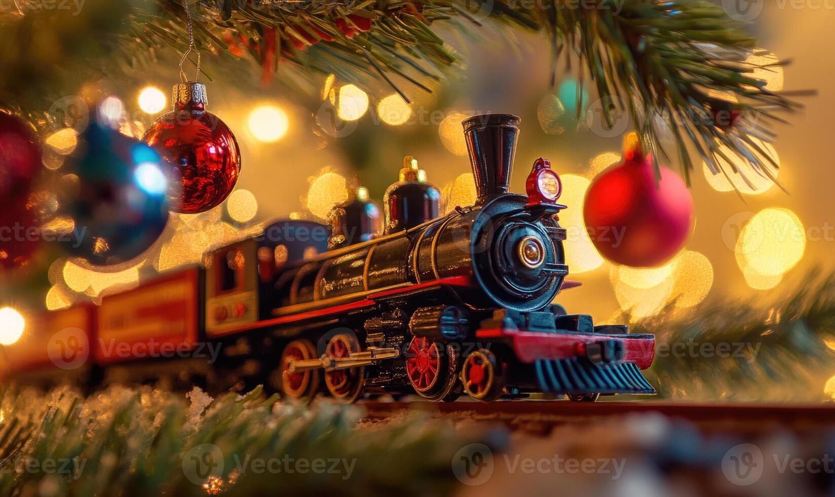 A train is sitting on a Christmas tree with many ornaments photo