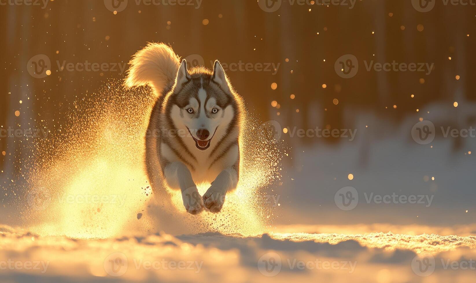 A dog is running through the snow with its tongue out photo