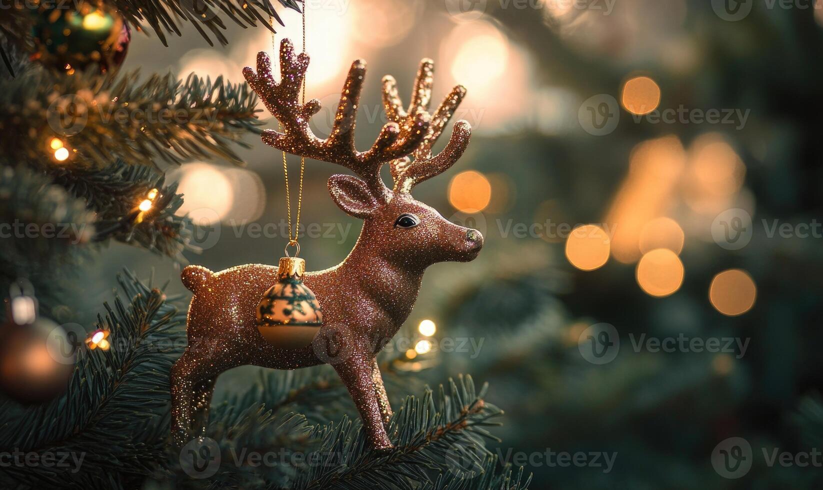 A Christmas tree with a deer ornament hanging from it photo