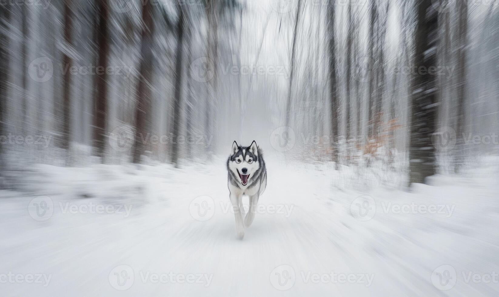 A dog is running through the snow in a forest photo