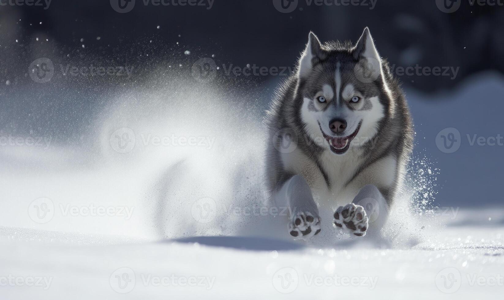 A dog is running through the snow with its paws in the air photo