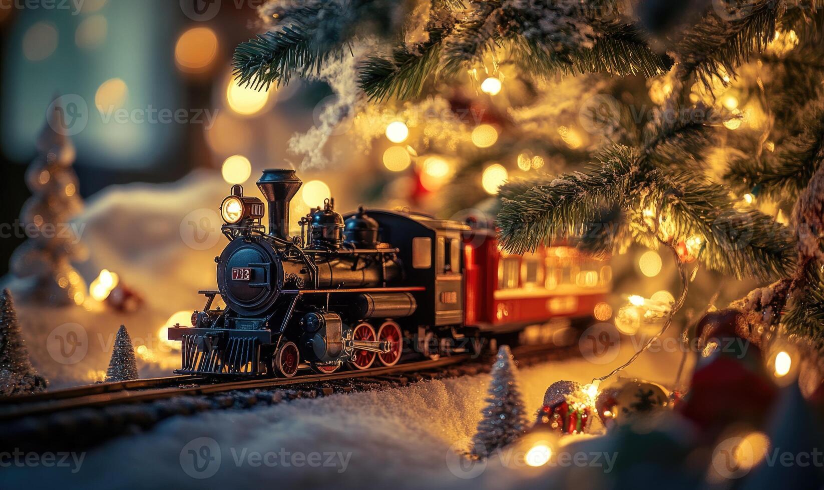 A train is traveling down a track next to a Christmas tree photo