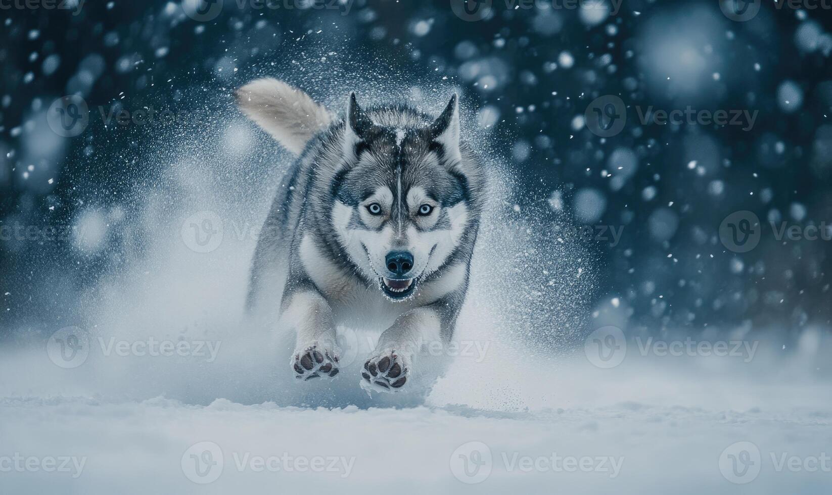 A dog is running through the snow with its paws in the air photo