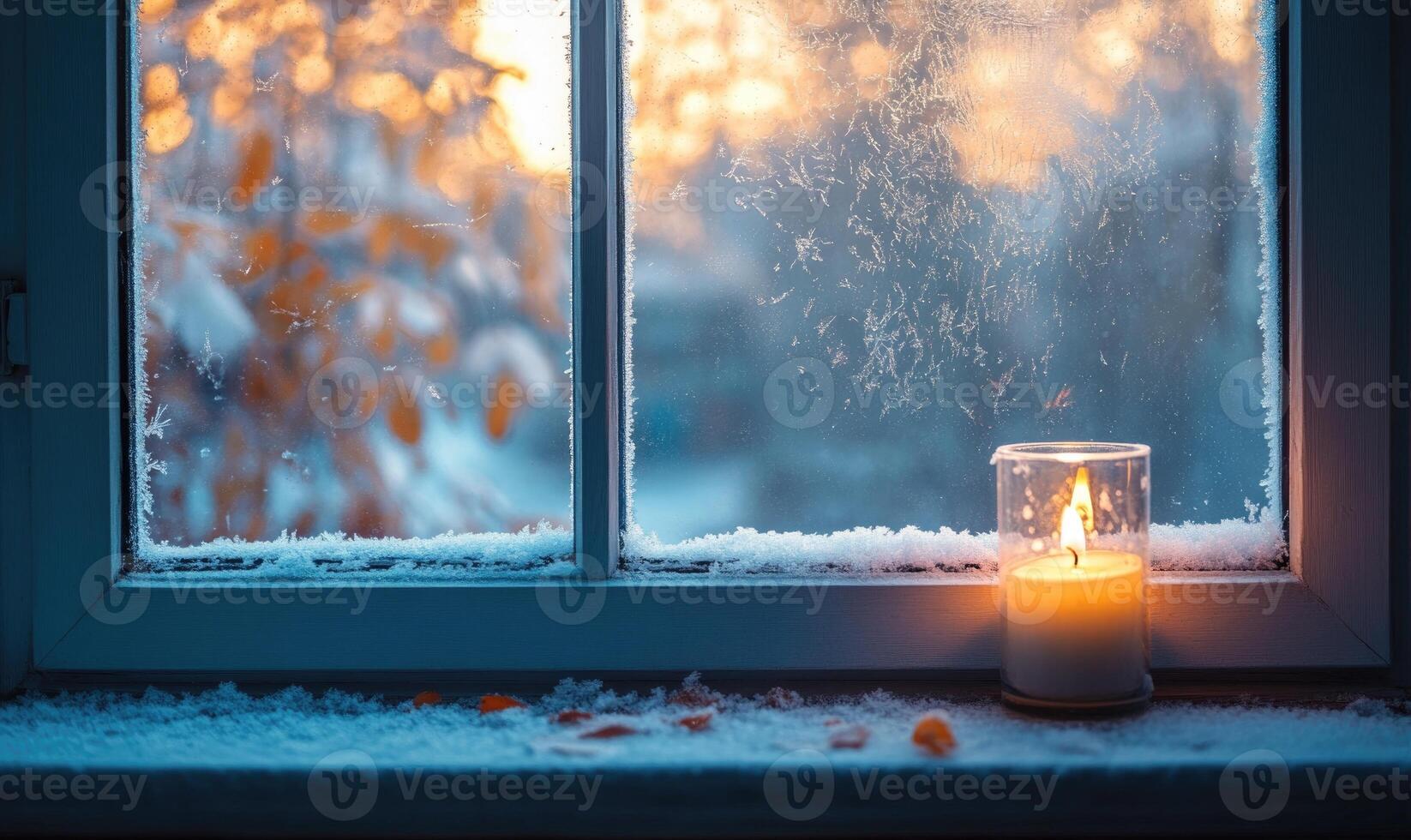 A candle is lit in front of a window with snow on the ground photo
