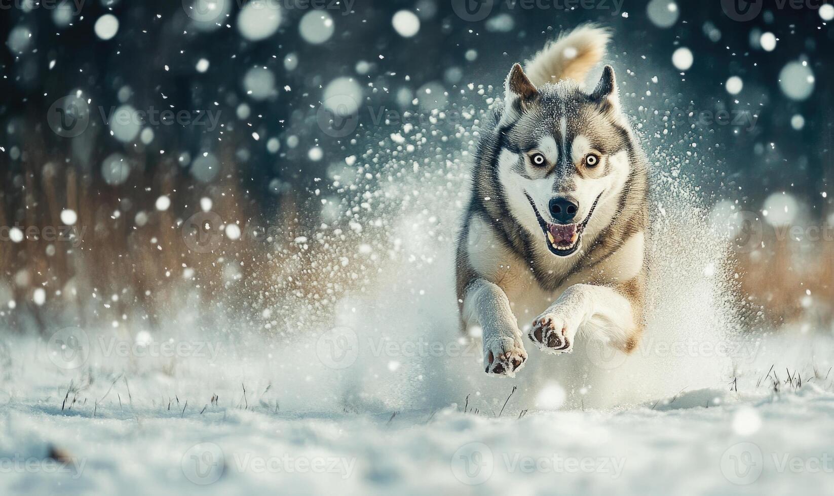 A dog is running through the snow with its tongue out photo