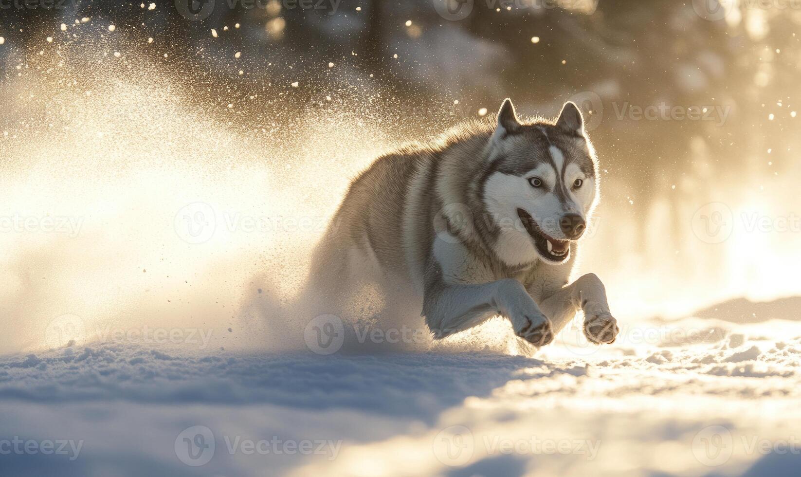 A dog is running through the snow with its paws in the air photo
