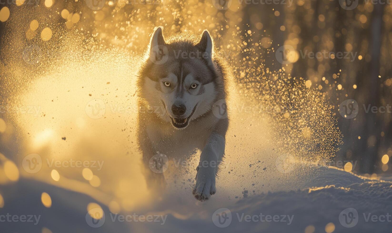 A dog is running through the snow with its paws in the air photo