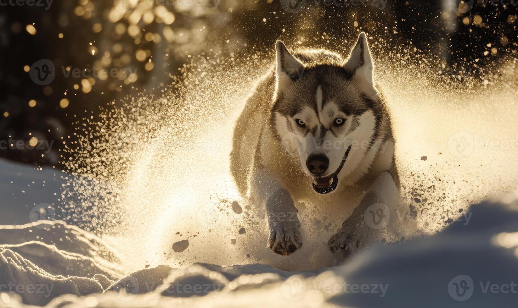 A dog is running through the snow with its mouth open, creating a cloud of snow photo
