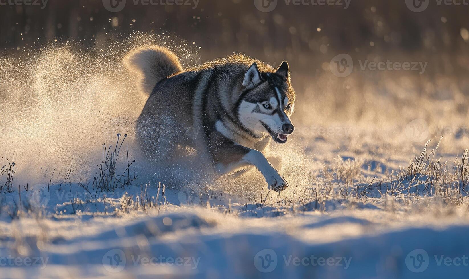 A dog is running through the snow, leaving a trail of snow behind it photo
