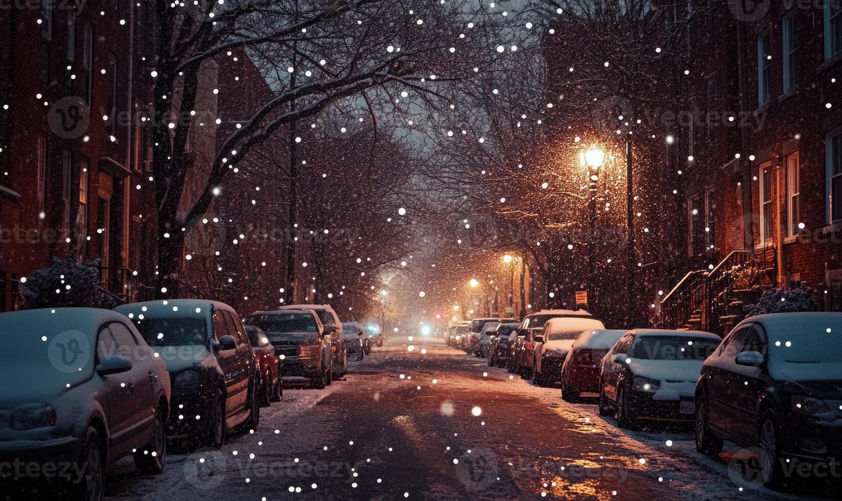 A snowy street with cars parked on both sides photo