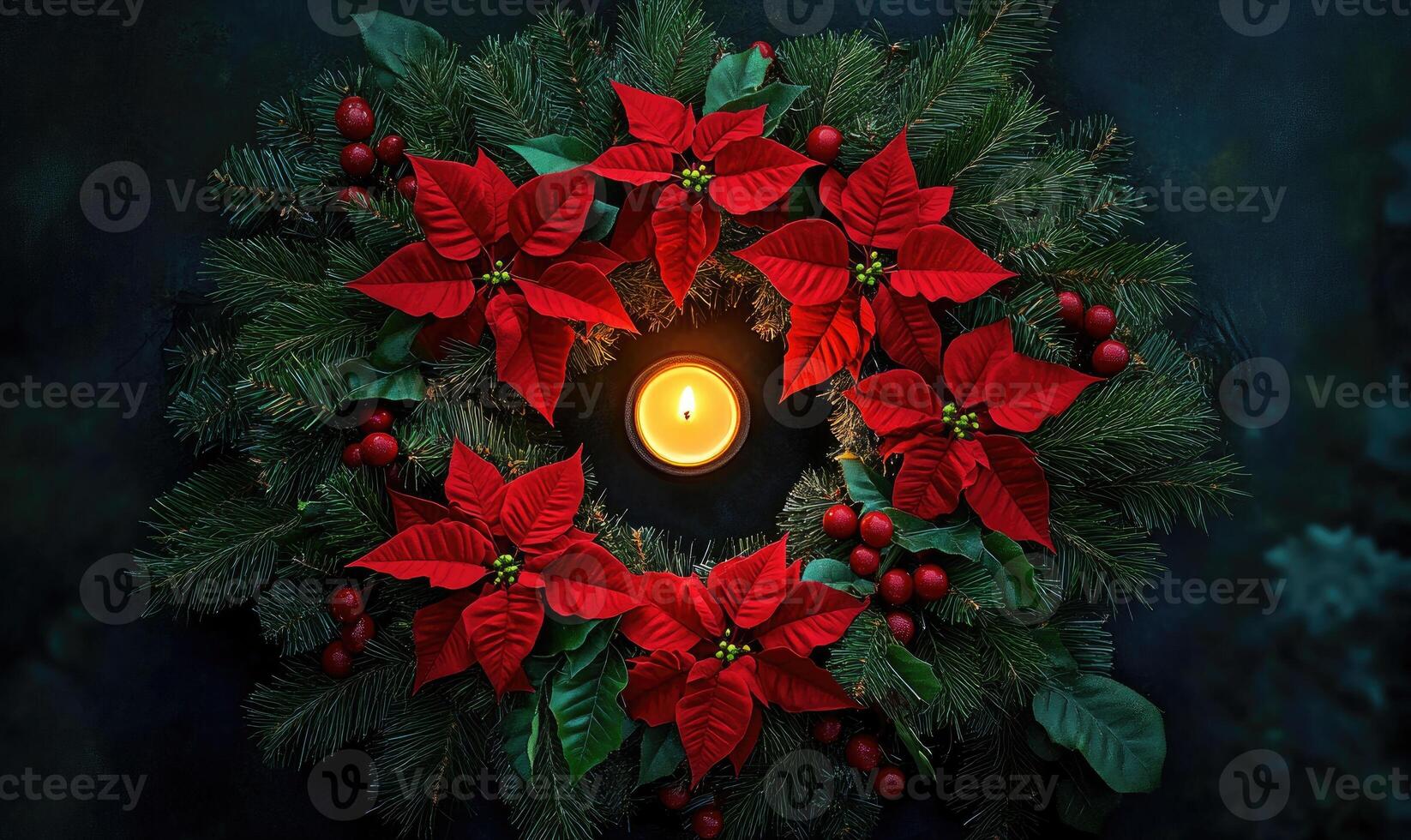 A wreath of red poinsettias with a candle in the center photo