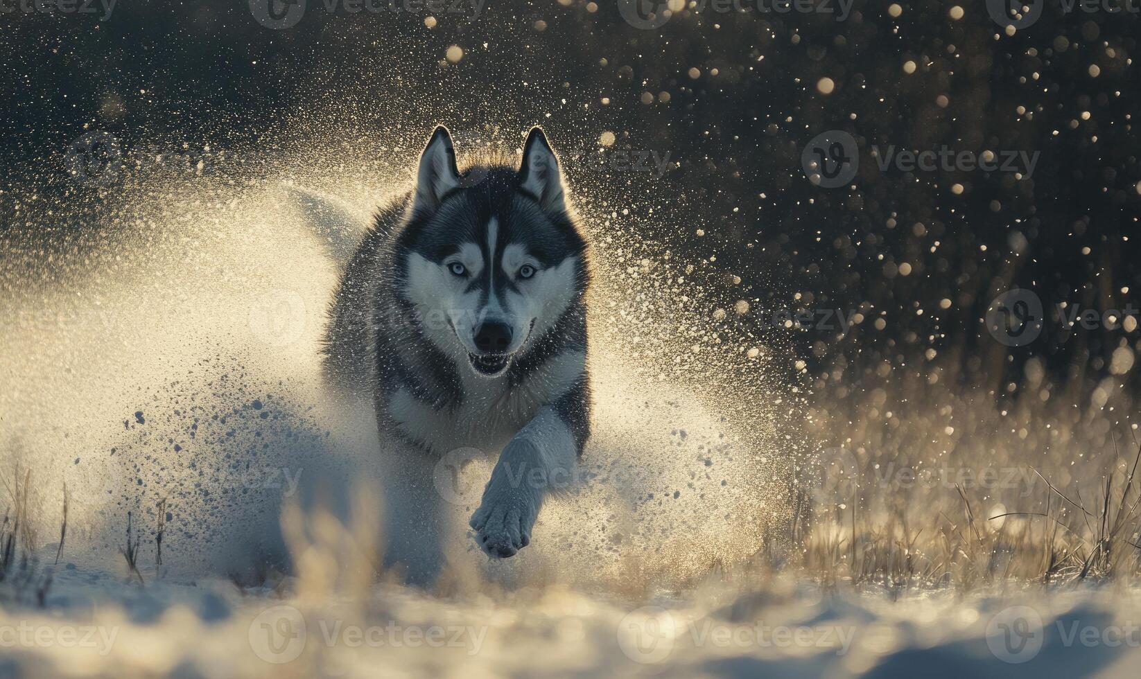 A dog is running through the snow, leaving a trail of water behind it photo