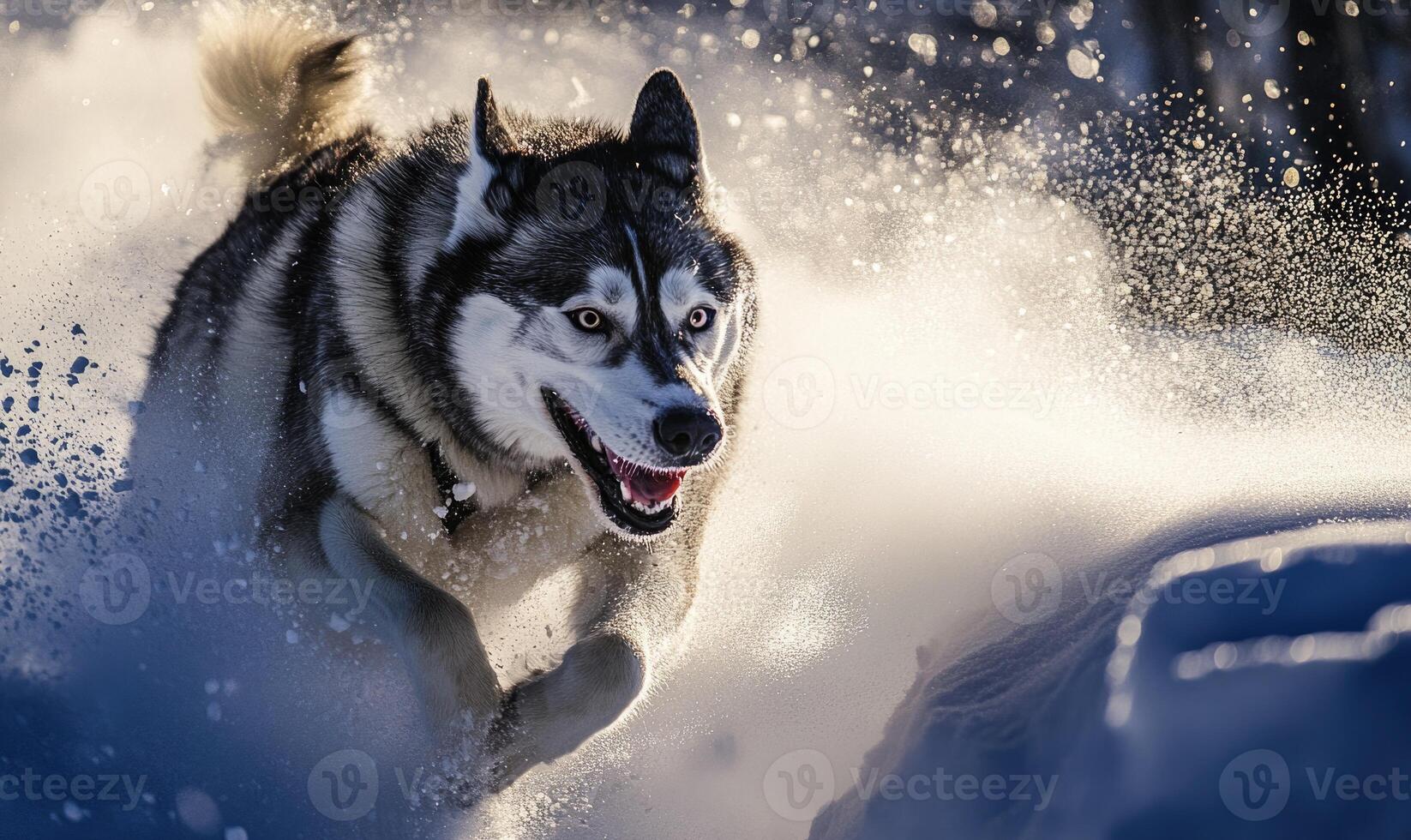 A dog is running through the snow with its mouth open photo
