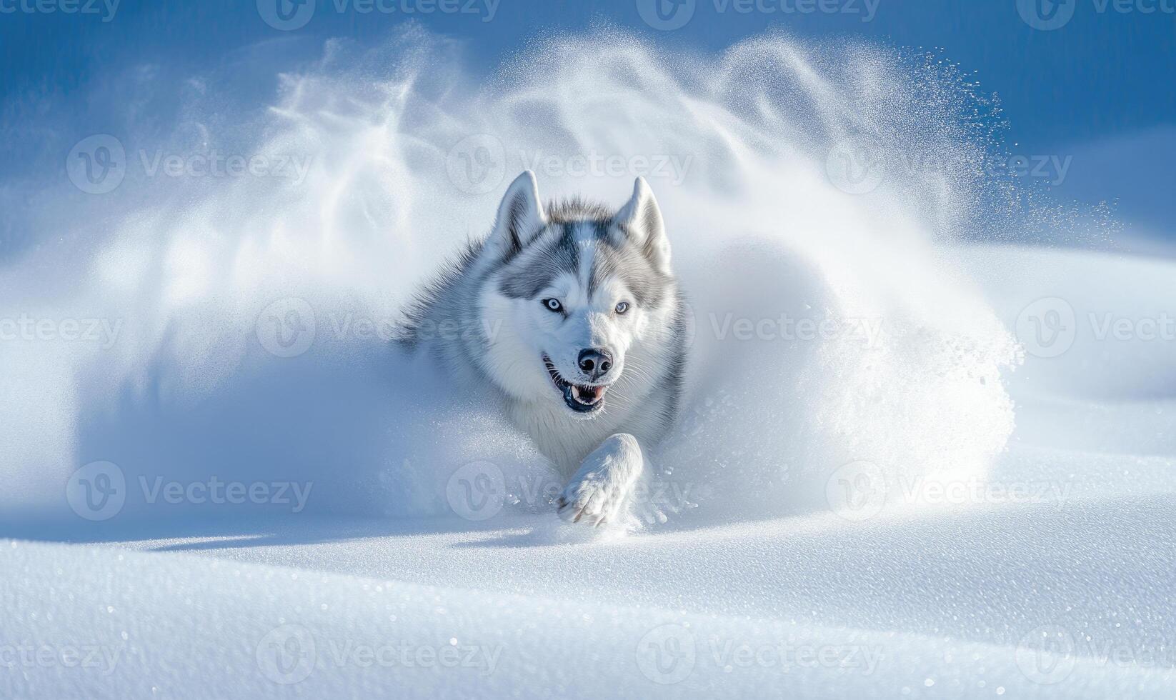 A dog is running through the snow, leaving a trail of white powder behind it photo
