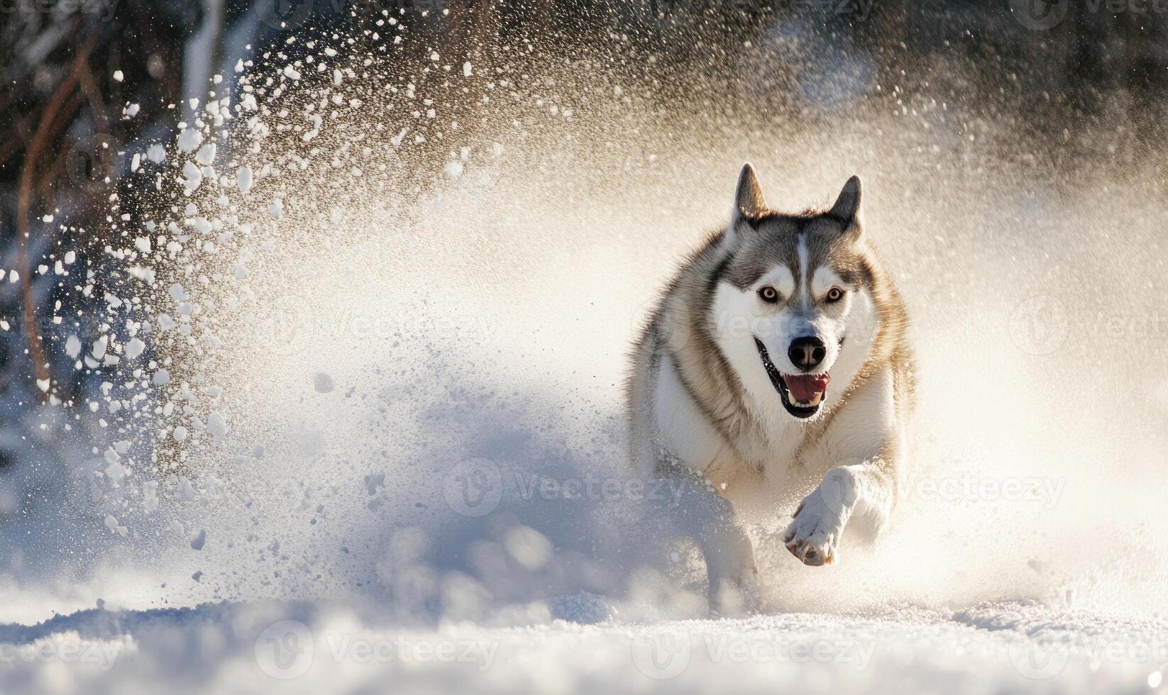 A dog is running through the snow with its tongue out photo