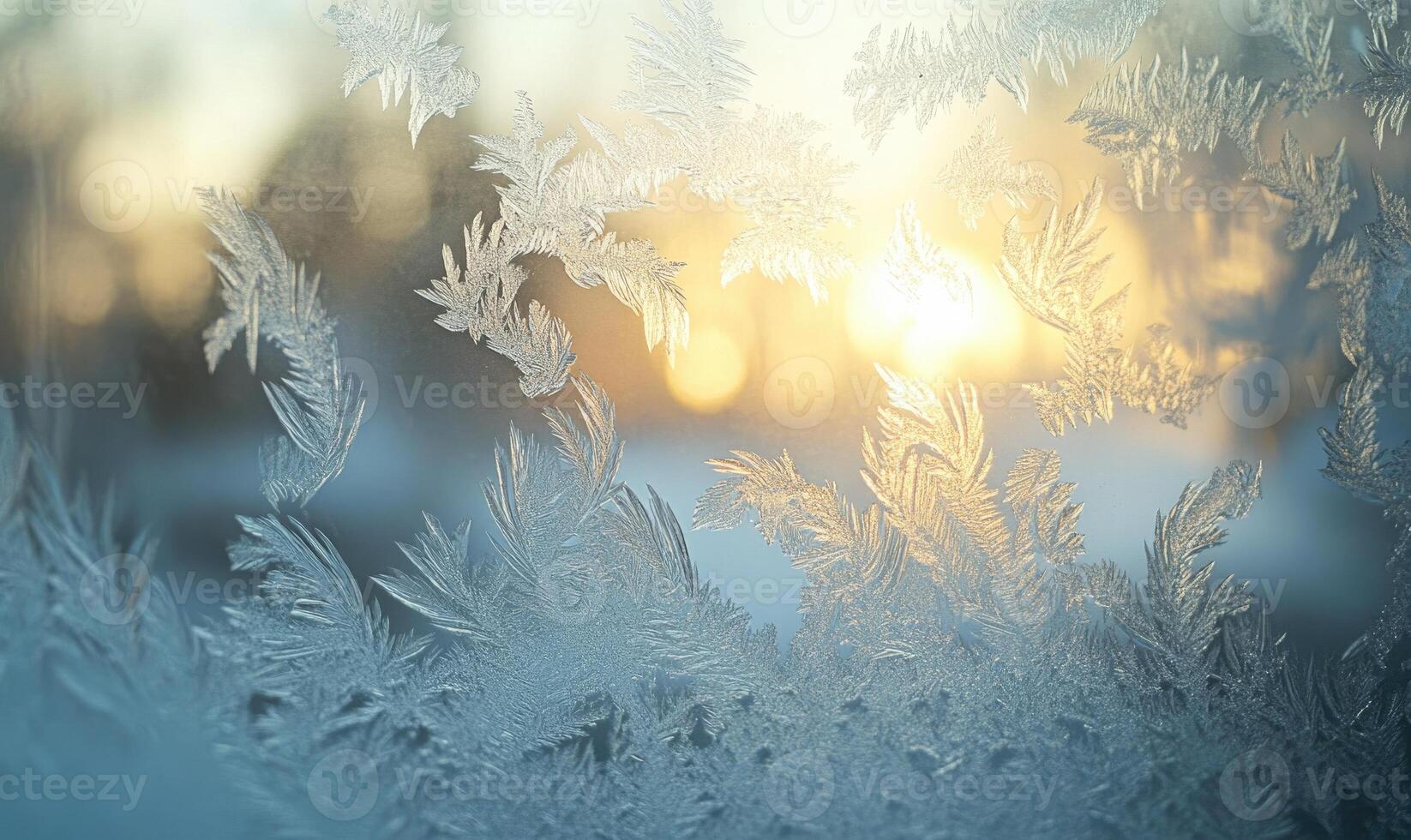A frosty window with a sun shining through it photo