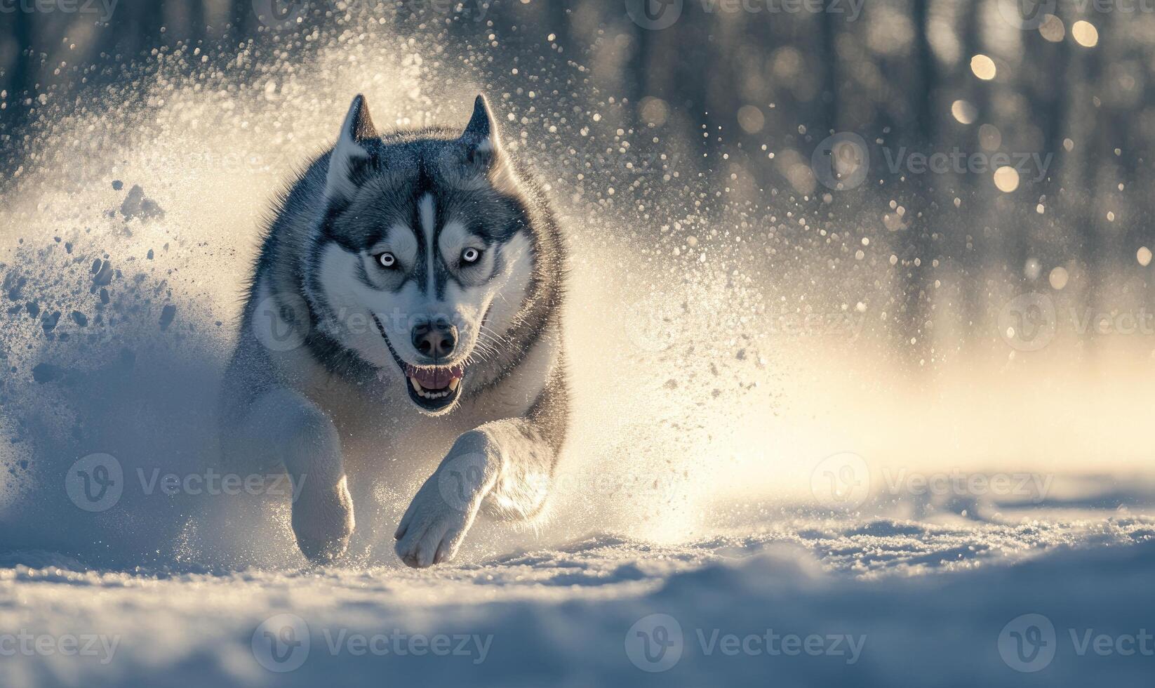 A dog is running through the snow with its mouth open photo