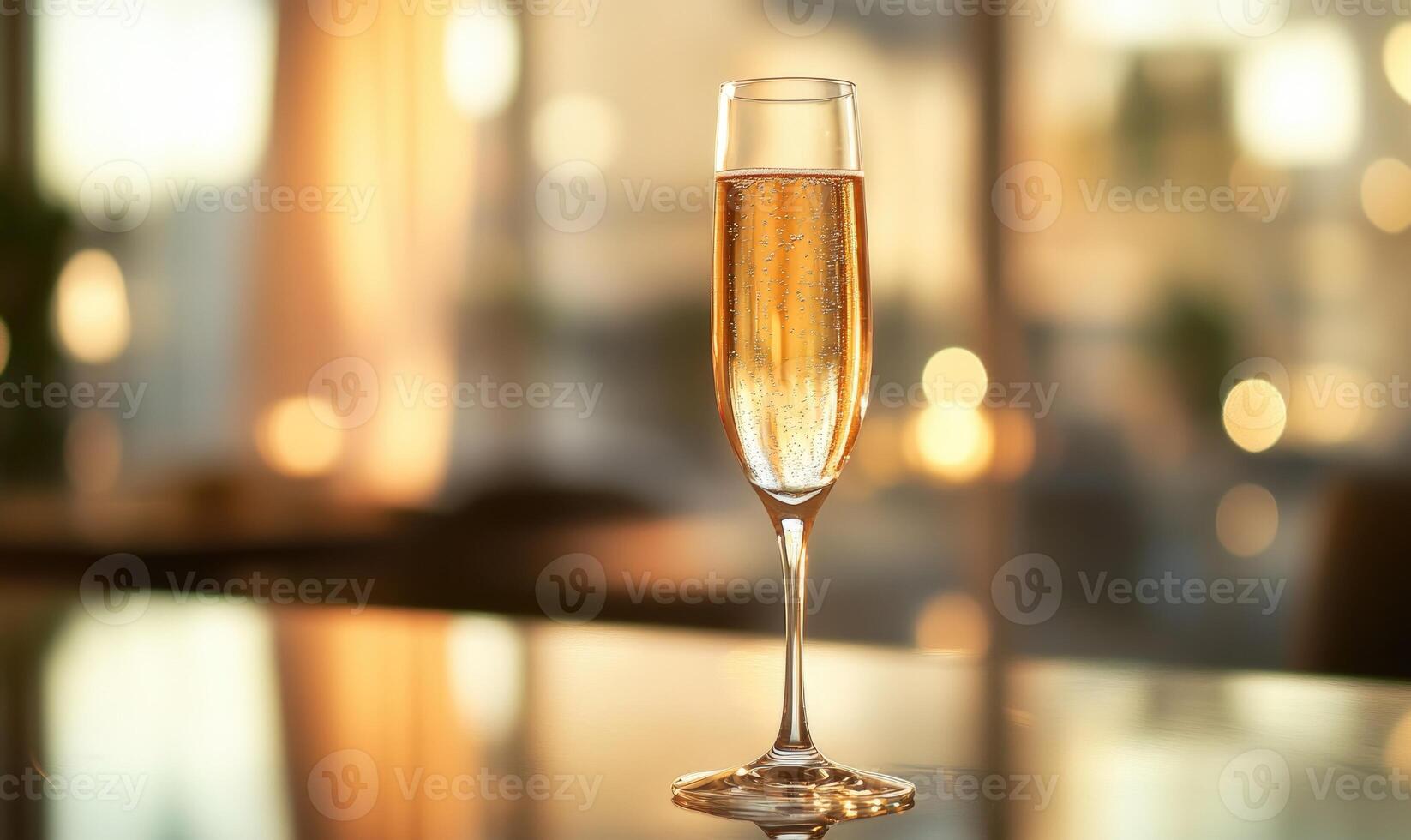 A champagne glass is sitting on a table with a view of the outside photo