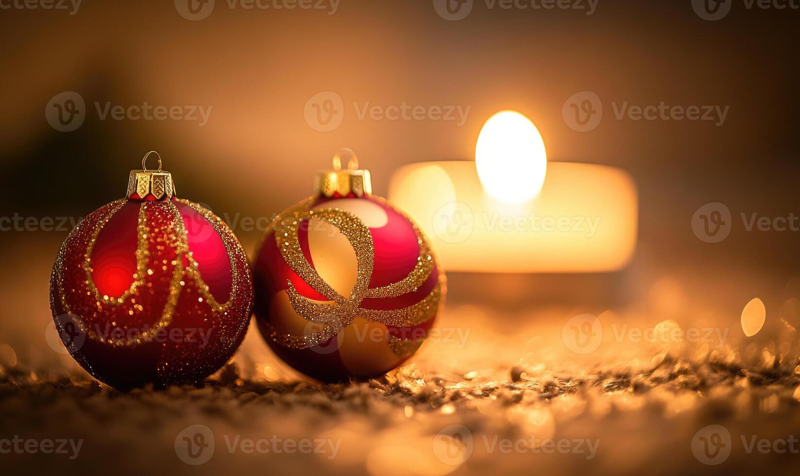 Two red and gold ornaments are sitting on a carpeted floor next to a candle photo