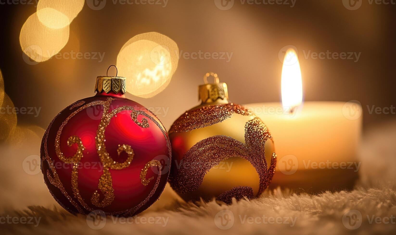 A red and gold ornament sits on a table next to a lit candle photo