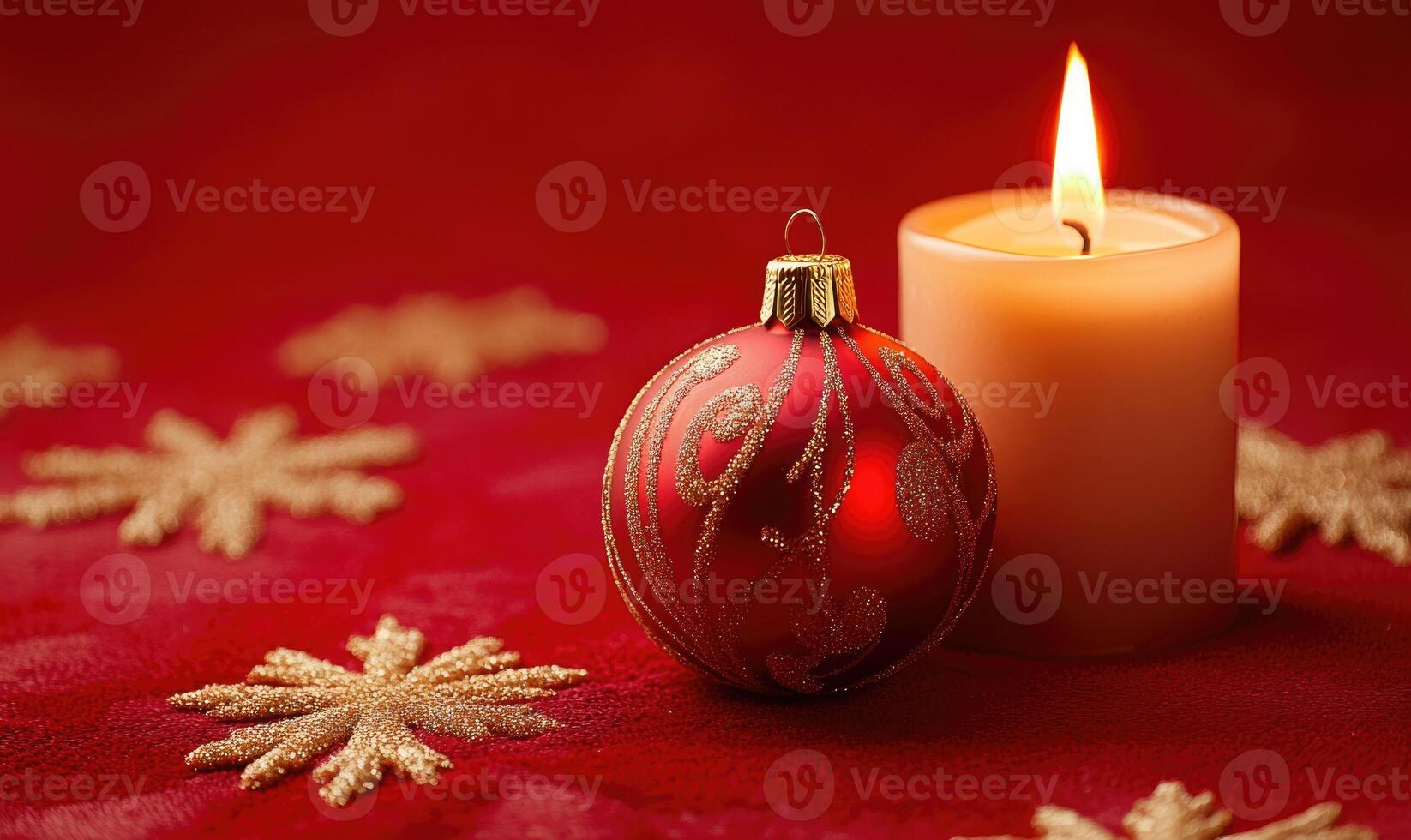 A red and gold ornament sits on a red tablecloth next to a lit candle photo