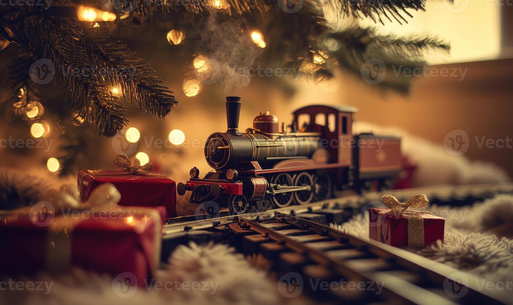 A train is on a track next to a Christmas tree and presents photo