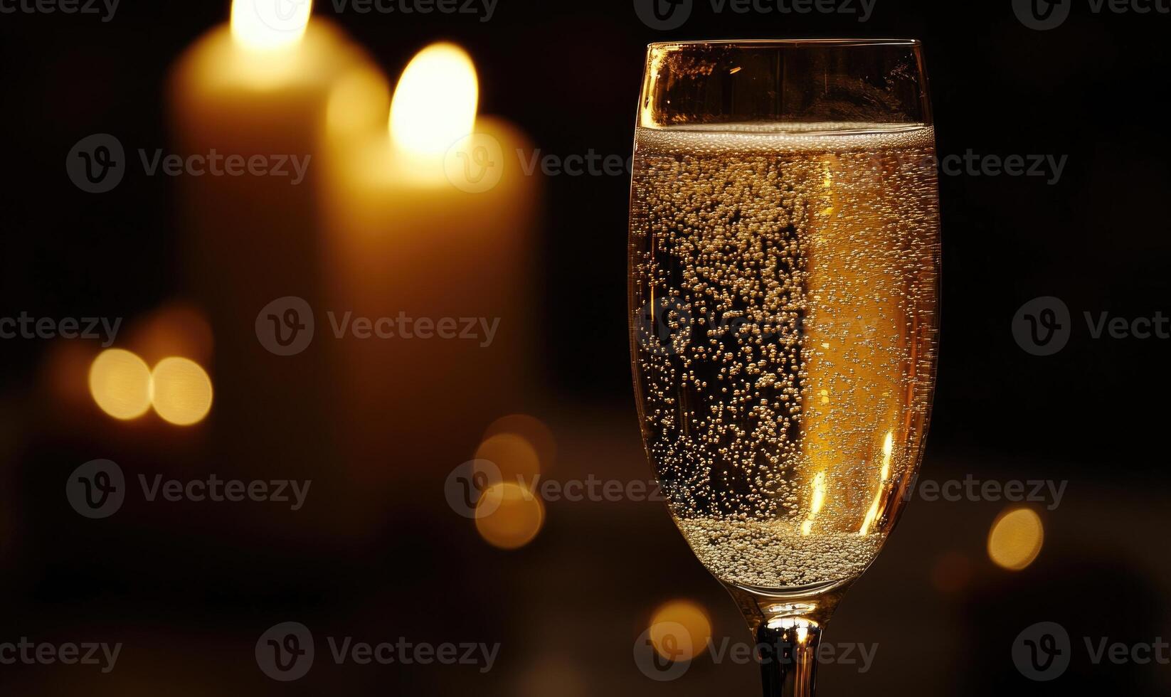 A glass of champagne is sitting on a table next to two candles photo