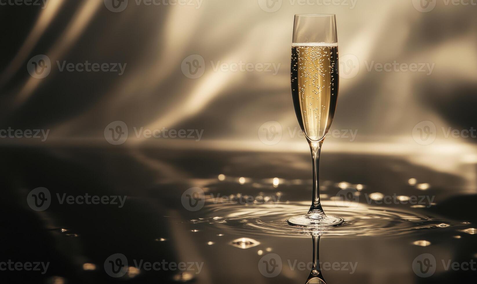 A champagne glass is sitting on a table with a splash of water around it photo