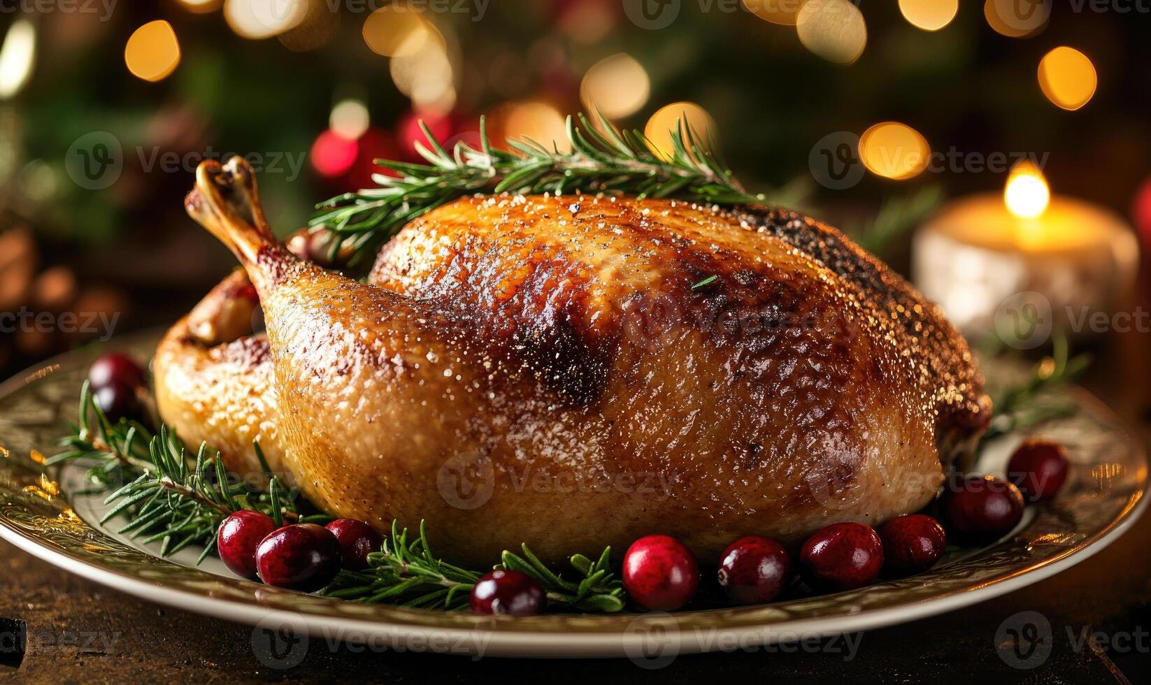 A large roasted turkey with herbs and cranberries on top of a white plate photo