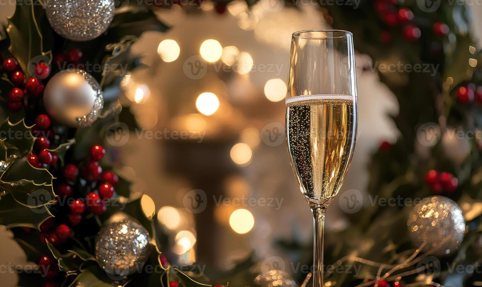 A glass of champagne is in a wreath of Christmas decorations photo