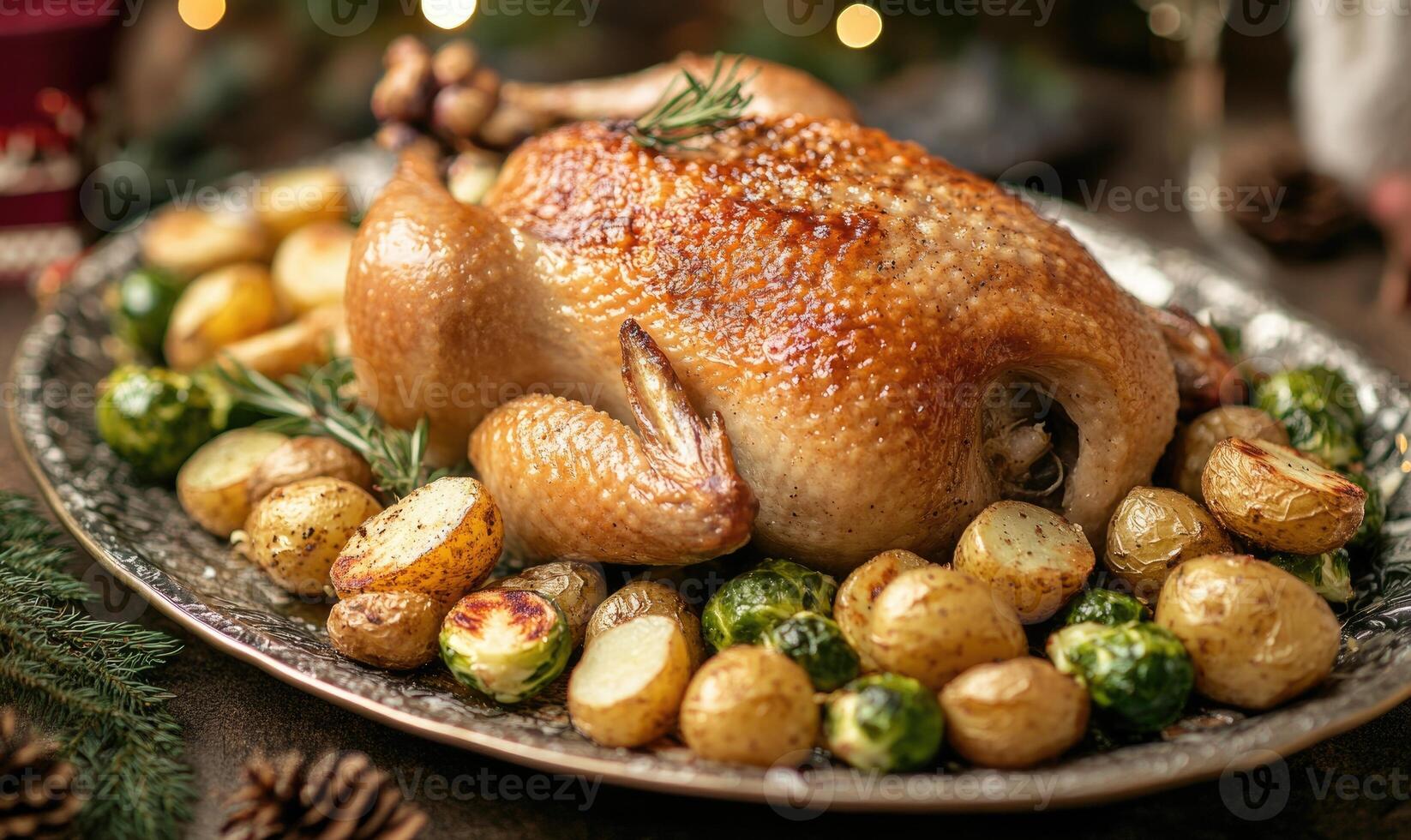 A large roasted chicken is served on a silver platter with a side of potatoes photo